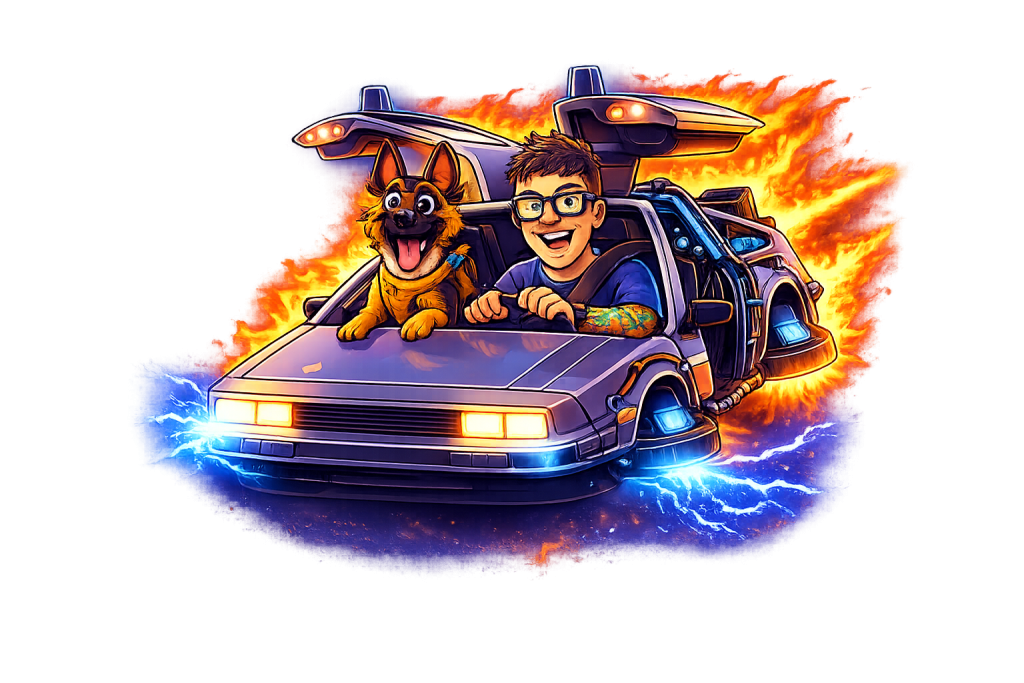 Boy and German Shepherd riding a DeLorean - Pack to the Future